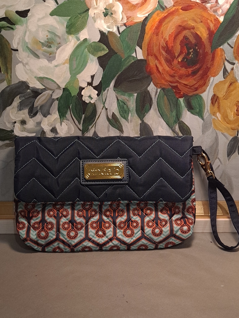Cinda B Quilted Navy Coral Foldover Clutch Wristlet Wallet Geometric Pattern